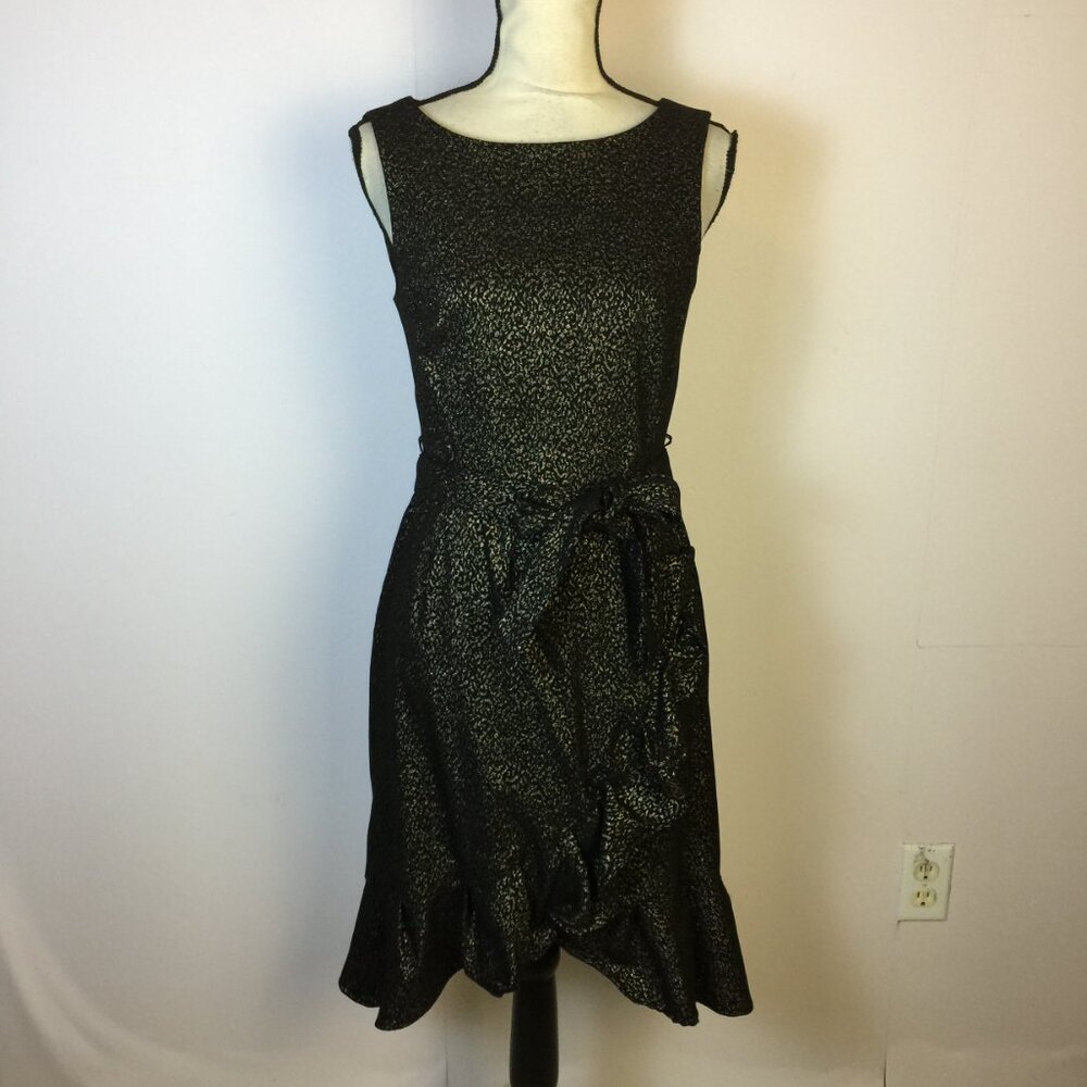 Calvin Klein Sheath Dress Sz 6 Womans Black Gold Metallic Ruffle Belt Sleeveless